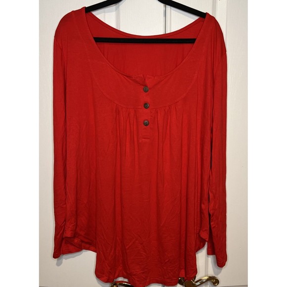 Women’s Blouse 2X Long Sleeve Boho Button Up Flowy Tunic Blouse Red Rayon - Picture 1 of 11